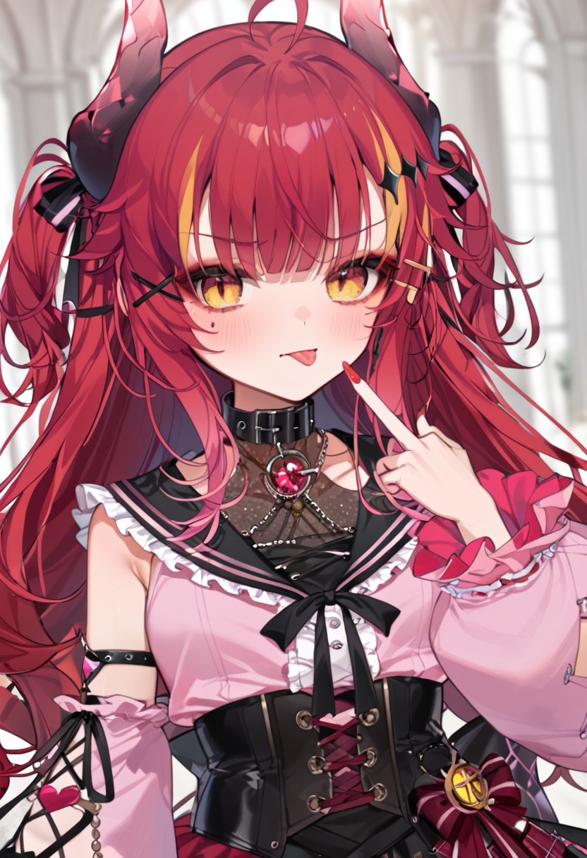 score_9_up, score_8_up, score_7_up, score_6_up, 1girl, (SudaYoruka:1), dragon horns, 
pink shirt, black collar, red nails, nail polish, jirai kei, detached sleeves, 
(middle finger:1), annoyed, tongue out, 
cowboy shot, 
looking_at_viewer, dynamic_angle, dutch angle, cinematic_angle, <lora:SudaYorukaXL_autismmixPony:1>, rating_safe, sfw, masterpiece, newest, absurdres