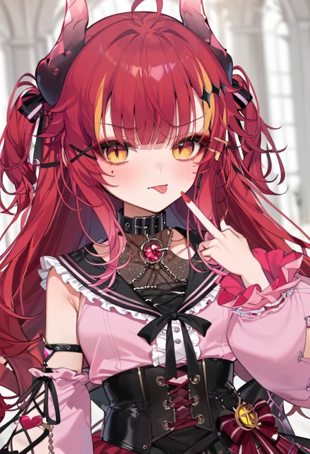 score_9_up, score_8_up, score_7_up, score_6_up, 1girl, (SudaYoruka:1), dragon horns, 
pink shirt, black collar, red nails, nail polish, jirai kei, detached sleeves, 
(middle finger:1), annoyed, tongue out, 
cowboy shot, 
looking_at_viewer, dynamic_angle, dutch angle, cinematic_angle, <lora:SudaYorukaXL_autismmixPony:1>, rating_safe, sfw, masterpiece, newest, absurdres