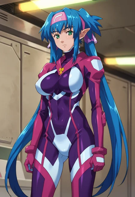 score_9,score_8_up,score_7_up,score_6_up,score_5_up,score_4_up,anime coloring,source_anime,<lora:Klan_Klang_Macross_Frontier_Pony:0.8>,klanl,1girl,green eyes,pointy ears,blue hair,long hair,quad tails,headband,purple bodysuit,standing,indoors,looking_at_viewer,