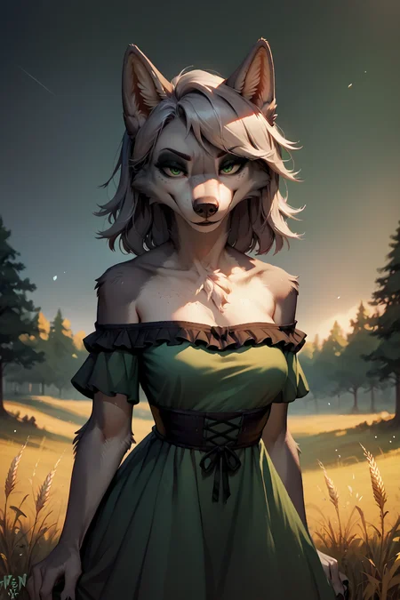score_9, score_8_up, score_7_up, female, furry, solo, wolf, grey fur, freckles, short silver hair, swept bangs, breasts, green eyes, frilled green dress, off shoulder, looking at viewer, smug face, eyeshadow, goth, backlighting wheat field, sky, forest, <lora:by_gren_art-v3s512:1>