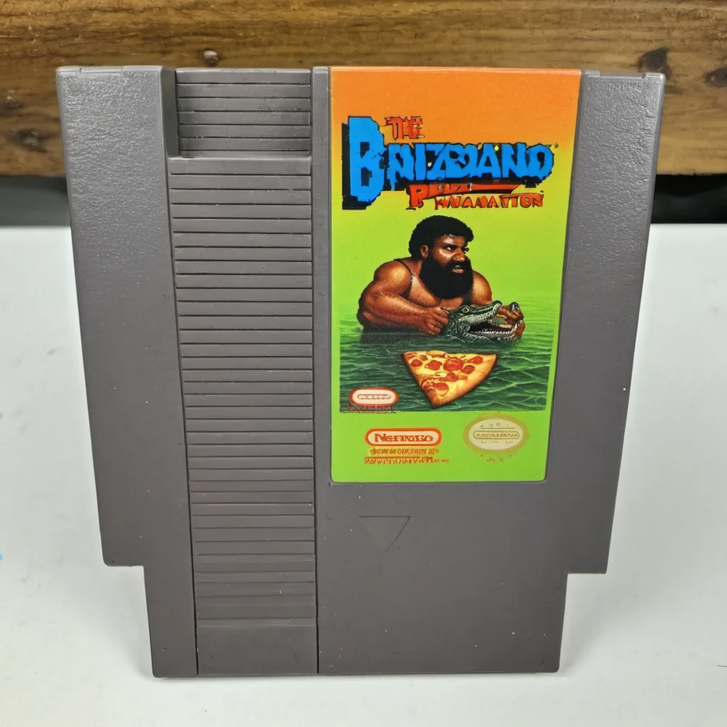 nes videogame cartridge, Heavyset, bearded, bald and shirtless Black man, camo shorts, alligator, pizza, swamp, english text, no humans, solo, parody <lora:nes:1>