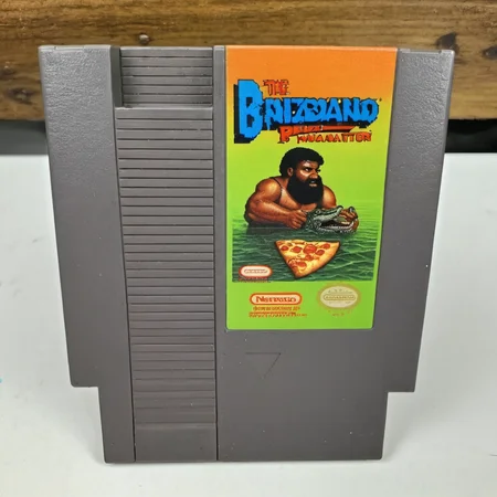 nes videogame cartridge, Heavyset, bearded, bald and shirtless Black man, camo shorts, alligator, pizza, swamp, english text, no humans, solo, parody <lora:nes:1>
