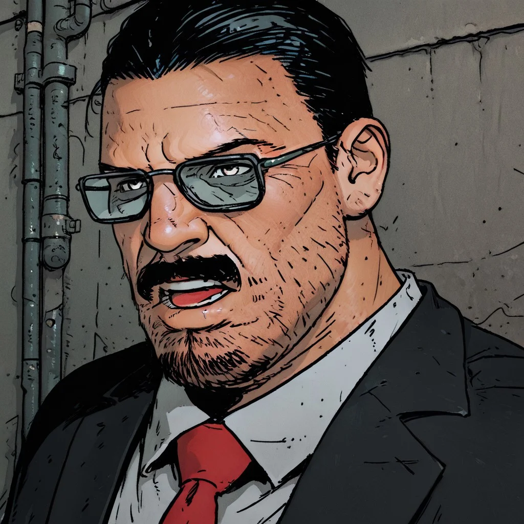 (masterpiece), portrait (ultra-detailed, 8k, gritty cinematic style), mid shot, male pov (best quality), (ultra-detailed), noise effect. chromatic aberration,
BREAK
1 boy, black hair, bara, facial hair, mustache, formal, suit, red necktie, collared shirt, glasses, eyes at viewerportrait, standing, arms crossed, alley lit by flickering neon, (happy:1), open mouth,
BREAK
urban desire at its peak,
,