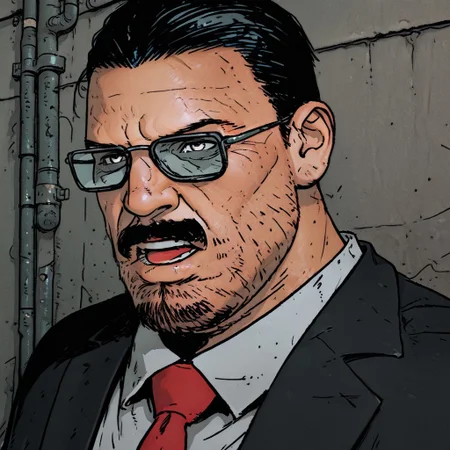 (masterpiece), portrait (ultra-detailed, 8k, gritty cinematic style), mid shot, male pov (best quality), (ultra-detailed), noise effect. chromatic aberration,
BREAK
1 boy, black hair, bara, facial hair, mustache, formal, suit, red necktie, collared shirt, glasses, eyes at viewerportrait, standing, arms crossed, alley lit by flickering neon, (happy:1), open mouth,
BREAK
urban desire at its peak,
,
