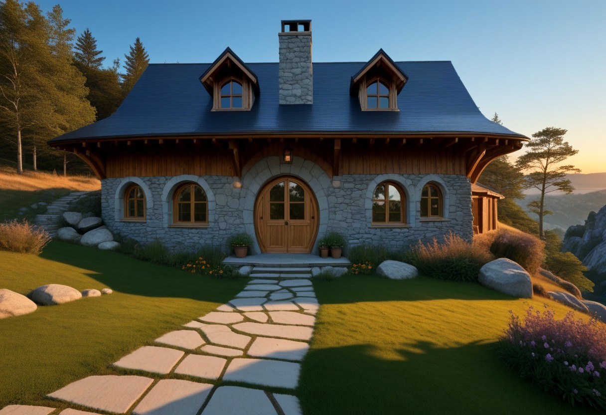 a stone house in a realistic style, blending into the environment, dug into the ground on a rock, in the foreground an evil wizard dusk,sunset,shadows,a sense of mysticism,bad magic,
