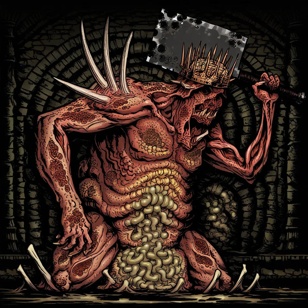 masterpiece, best quality, newest, absurdres, highres, DDstyle, official style, black eyes, shaded eyes, DDWarrens-BGV1.0, dark, indoors, DD-SwinemanV1.0-SGod, monster, giant, axe, butcher's axe, brain, crown, rotten flesh, horror (theme), spiked, huge weapon, horns,