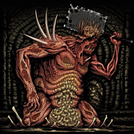 masterpiece, best quality, newest, absurdres, highres, DDstyle, official style, black eyes, shaded eyes, DDWarrens-BGV1.0, dark, indoors, DD-SwinemanV1.0-SGod, monster, giant, axe, butcher's axe, brain, crown, rotten flesh, horror (theme), spiked, huge weapon, horns,