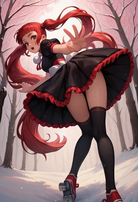 score_9, score_8_up, score_7_up, score_6_up, 
1girl, 25 years old, perfect face, cute, petite,
brown eyes,
red hair, very long hair, twintails, sidelocks, blunt bangs, floating hair,
pom pom (clothes), black red kung fu dress, puffy short sleeves, black skirt, frilled skirt, 
black thighhighs, 
figure skating, ice skating, skating rink, ice skates, dynamic angle, dynamic pose, from behind, from below, looking back at viewer, 
winter, trees,