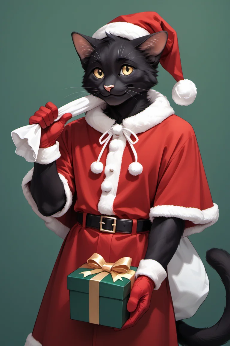 score_9, score_8_up, score_7_up, source_furry, source_cartoon BREAK volumetric, perfect hands, smooth body, 5 fingers, smooth lines, 1boy, solo, anthro, furry male, k3k, black fur, cat tail, cat ears, santa costume, santa hat, christmas, sack, holding gift, gift box, fur-trimmed headwear, holding sack, santa dress, fur-trimmed dress, fur trim, red capelet, gift box, red gloves, fur-trimmed capelet, santa gloves, red hat, hat, smile, happy, simple background, green background