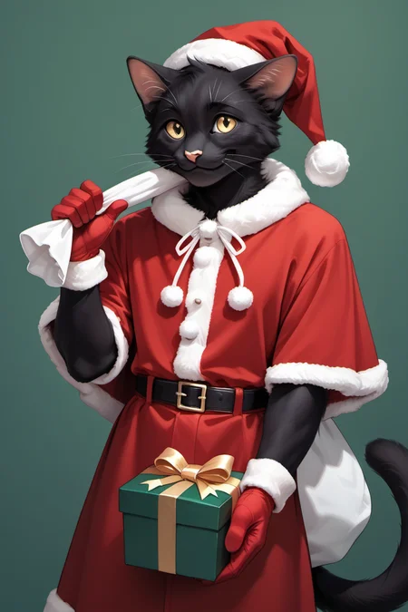 score_9, score_8_up, score_7_up, source_furry, source_cartoon BREAK volumetric, perfect hands, smooth body, 5 fingers, smooth lines, 1boy, solo, anthro, furry male, k3k, black fur, cat tail, cat ears, santa costume, santa hat, christmas, sack, holding gift, gift box, fur-trimmed headwear, holding sack, santa dress, fur-trimmed dress, fur trim, red capelet, gift box, red gloves, fur-trimmed capelet, santa gloves, red hat, hat, smile, happy, simple background, green background