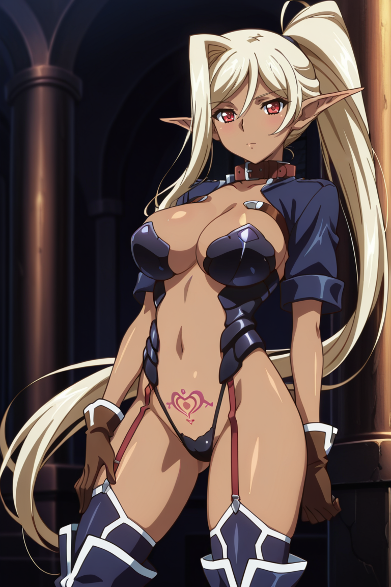 masterpiece, best quality, ,source_anime, , , 1girl, solo, dark elf, pointy ears, dark skin, dark-skinned female, breasts, long hair, , elf, thighhighs, , very long hair, red eyes, large breasts, gloves, navel, tattoo, collar, ,  blonde hair, , , pubic tattoo, , , looking at viewer