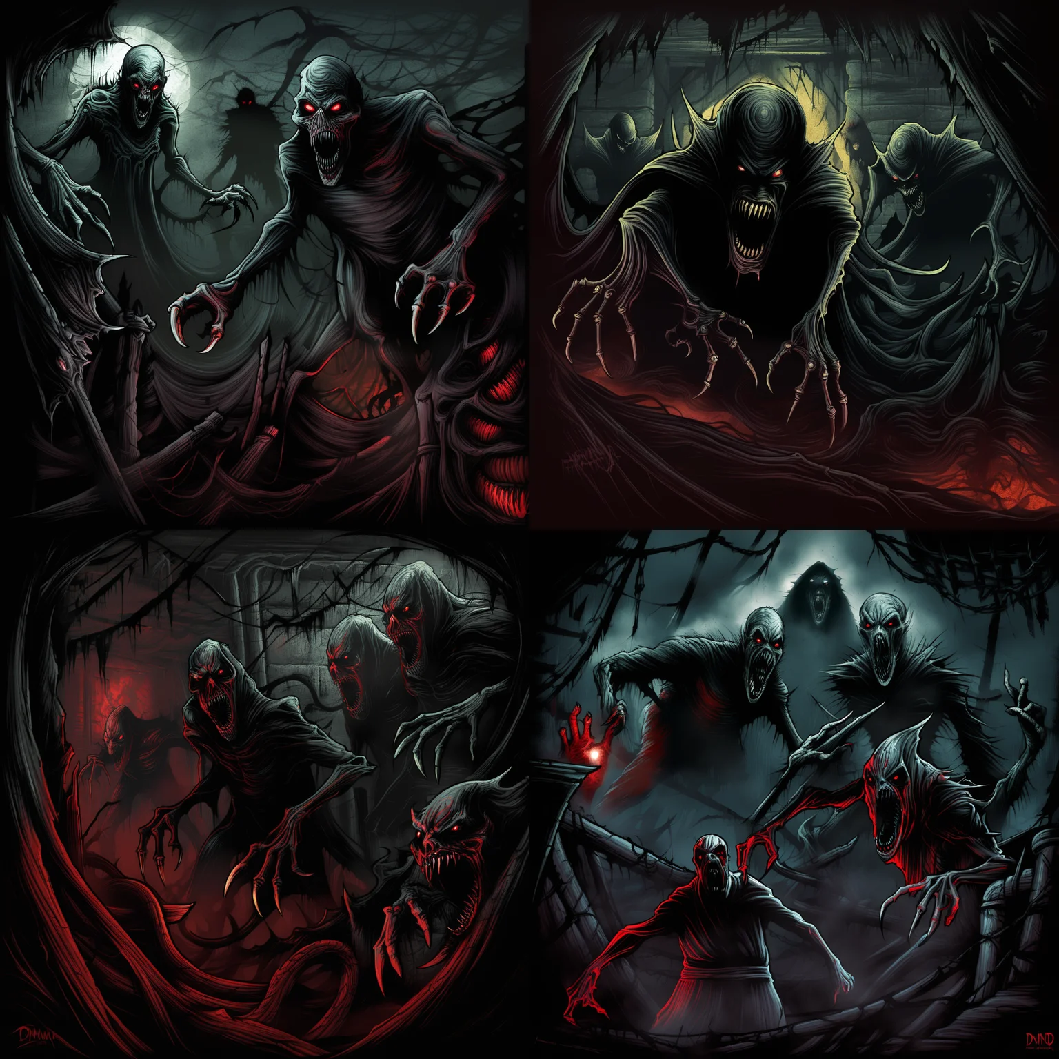 horrible terrors lurking from darkness by dnmumfrd <lora:dan_mumford:1>, danger, chaos, nightmare