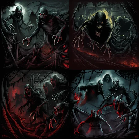 horrible terrors lurking from darkness by dnmumfrd <lora:dan_mumford:1>, danger, chaos, nightmare
