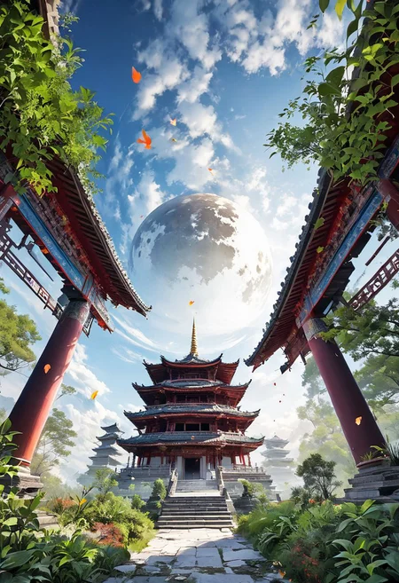 sky, pagoda, temple, torn pants, human, forehead marks, blur, plants, floating