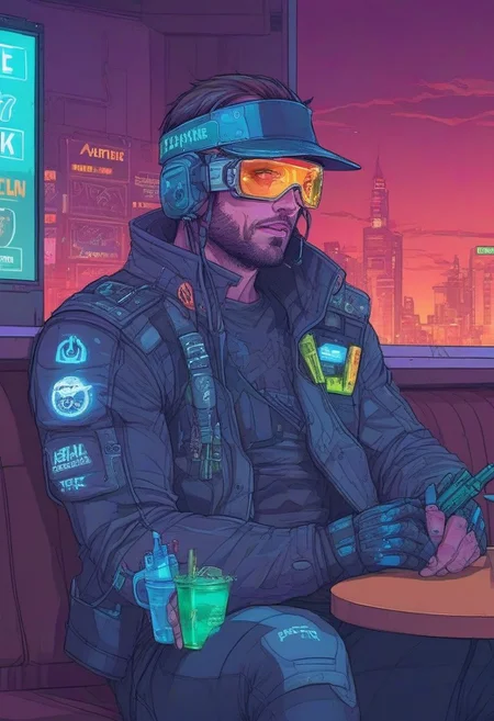 illustration, drawing, an hacker, pixecut, handsome, carrying a pistol, wearing a visor, sitting in a cafe, cyberpunk, neotokyo, neon lights
