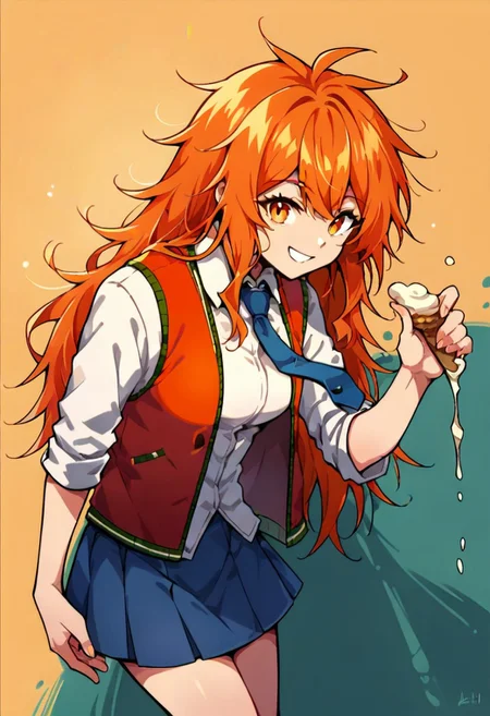 core_9, Score_8_up, Score_7_up, 1girl, solo, original anime, 1 girl, orange hair, messy hair, long hair, medium breasts, (orange eyes: 1.2), blue skirt, track skirt, tie, shirt, red vest, cream shirt, smile,