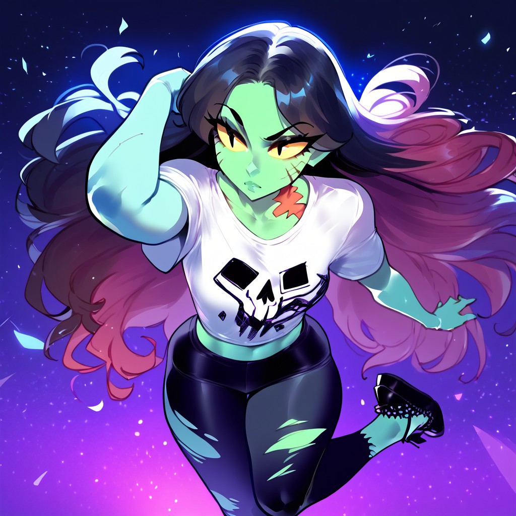 score_9, score_8_up, score_7_up 
   , masterpiece, beautiful,
1girl, solo, Zomcom, yellow sclera, cat eyes, black eyes,colored skin, green skin, long hair, black hair, neck wound, left arm blue colored,multicolored hair,midriff,skull printed t-shirt,black pants, torn pants, black shoes,
