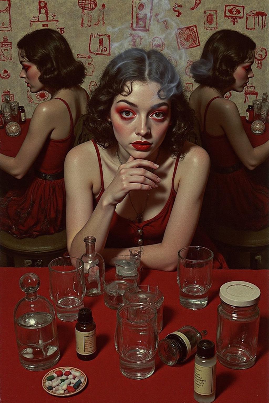 hopy1 illustration.
Create a cinematic, surreal portrait of a woman seated at a cluttered red table, surrounded by mirrored reflections of herself. She wears intense red eye makeup that accentuates her expressive gaze. The scene is filled with translucent glass cups, pill containers, and small bottles, all creating an eclectic and moody atmosphere. Smoke rises around her, adding a dreamlike quality, while a wallpaper of hand-drawn symbols or calligraphy fills the background. The lighting is muted and soft, emphasizing a reflective and introspective mood with a retro, film-noir style <lora:hopy1_cap_d6a3e12:1.0><lora:826175107568345077:0>