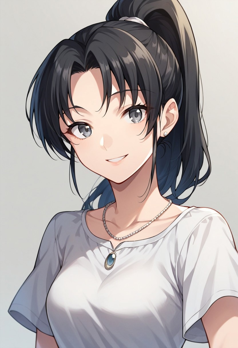 score_9, score_8_up, score_7_up, source_anime,kosaka shigure, black hair, ponytail, grey eyes, 1girl, solo, dress, jewelry, necklace, short sleeves, smile, looking at viewer