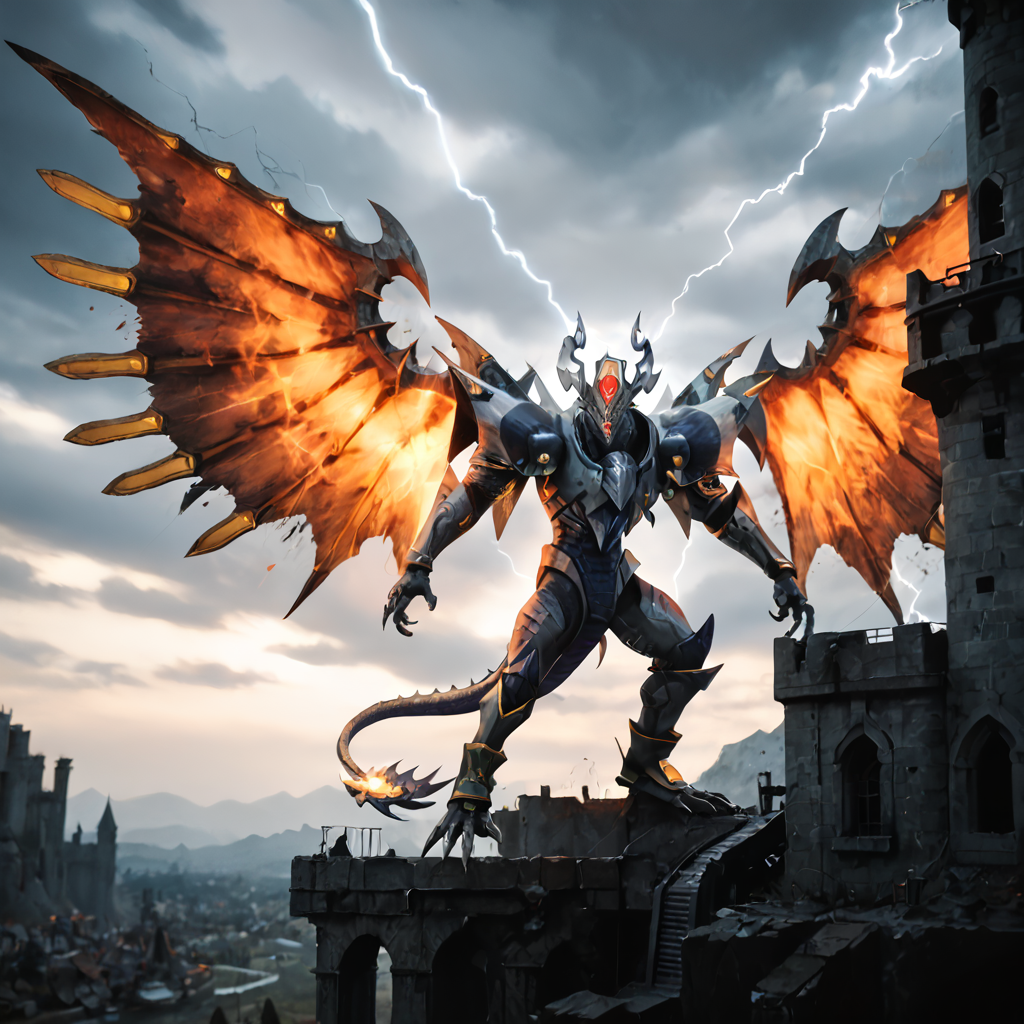 score_9, score_8_up, score_7_up, score_6_up, score_5_up, score_4_up, rating_safe,photo,realistic,cinematic,DLSR,film grain, zPDXLrl,solo,no humans,dragon focus,dorugoramon,wings,horns,cropped,upper body,miasma,darkness aura,glowing yellow eyes,red forehead gem,cloudy sky,lightning storm,castle,destroyed builging,lightning strike,flying,spread wings, <lora:DORUgoramonPony:0.97>