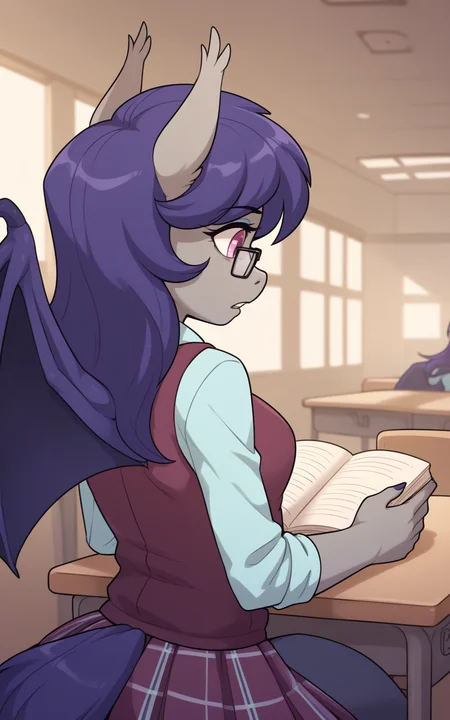 score_9, score_8_up, score_7_up, score_6_up, source_anime, cowboy shot, indoors, sitting on a chair, in classroom, from side, from rear,  <lora:DuskRhineFem_XL_v1.1A-CAME-8:0.80> DuskRhineFem, (1girl, solo), (anthro batpony), (colored skin, grey skin), animal ears, bat wings, purple tail, long hair, purple hair, pink eyes, medium breasts, parted lips, Crystal Prep Academy Uniform, ((looking down, reading a book)), glasses,