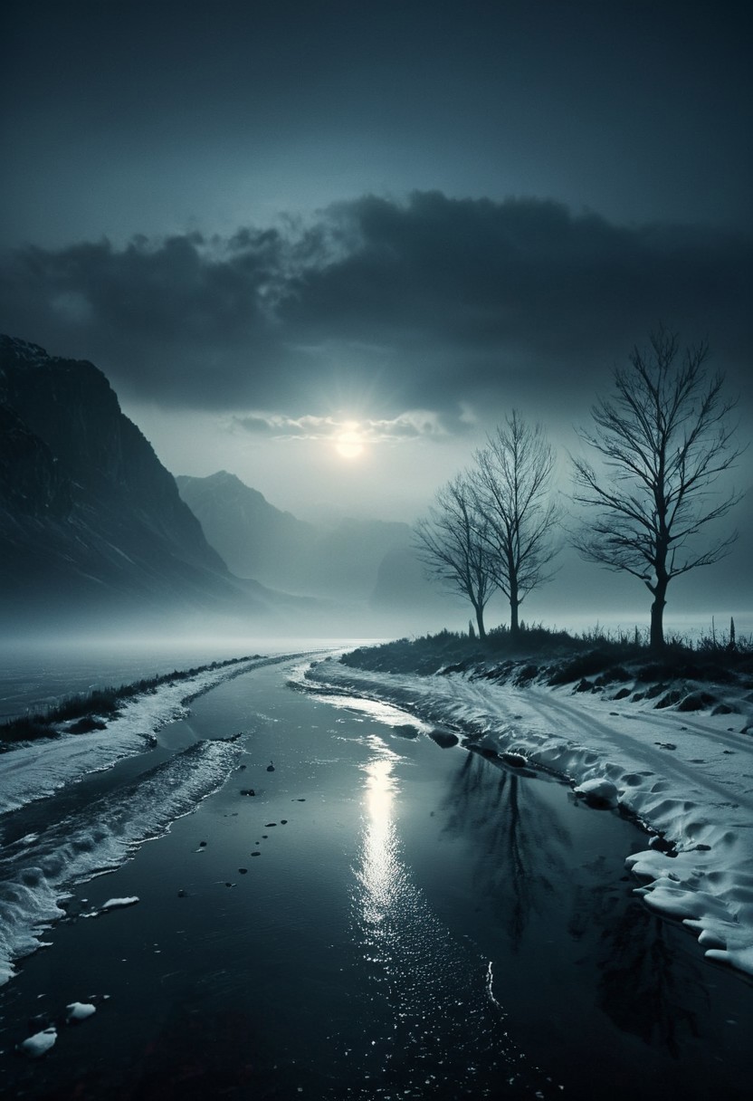 environment setting winter. highly detailed and hyper realistic photo, by Alena Aenami , by Archibald Thorburn , by Daniele Afferni ,  in the style of  monochromatic silhouette reflection,  limited dark palette, unusual dark colors, faded colors, atmospheric haze, highly dramatic cinematic lighting, motion blur, film grain,  professional, excellent composition, finest details, maximized details, ultimate detail level, masterpiece, best quality
