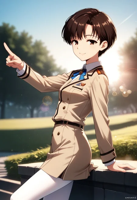 (solo:1.0) score_9,score_8_up, newest,beautiful eyes, beautiful hair, beautiful skin, cinematic lighting, aesthetic, rating, sensitive, side view, ,
,Maya Ibuki, , brown eyes, dark-brown hair, asymmetrical bangs, short hair, undercut hair, skinny,
beige uniform, white tights, mini skirt, lens flare, bokeh, half-closed eyes, smile, pointing own lips, closed mouth,