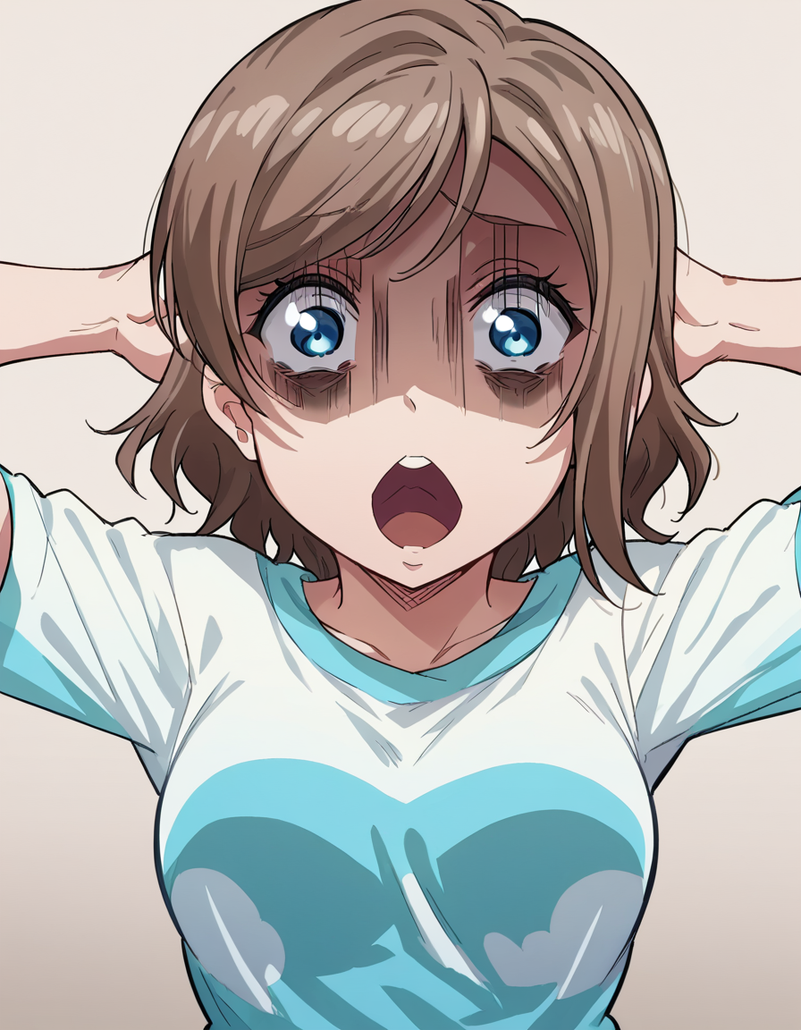 score_9, score_8_up, score_7_up, source_anime, <lora:you-watanabe-s2-ponyxl-lora-nochekaiser:1>, you watanabe, blue eyes, brown hair, short hair, swept bangs, medium breasts, <lora:shocked-black-guy-ponyxl-lora-nochekaiser:1> shocked black guy, open mouth, looking at viewer, hands behind head, shaded face,, , ,
