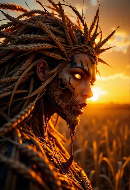 Horror-themed, Close-up. A field of wheat. The sun in the horizon. Texture of a face made of wheat. Lips of wheat. Wreath of wheat. Terrible face, terrible open mouth. A pagan god. Black eyes, tired eyes, red whites of eyes. Cheeks and body in blood. Fear, terror, anger. Glints of dust in the slate's rays. Bokeh effects. Spikes of wheat on fire.
<lora:FluxMythP0rtr4itStyle:1> mythp0rt
<lora:DarksunRiddV4:1>
<lora:FL-bailing-24-0906Fire Spirit:0.8> fire