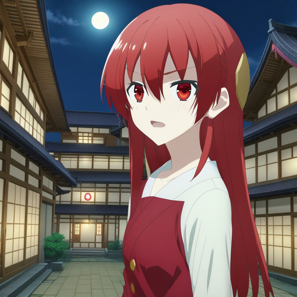 score_9, score_8_up, score_7_up, source_anime, rating_safe, , (3d:0.4), 1girl, solo,  tsukasa_yuzaki, red hair, red eyes, long hair, hair between eyes, bangs, close-up, town, japanese architecture, night, crescent moon, one leg up, speaking, talking,