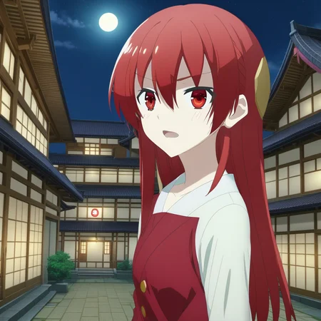 score_9, score_8_up, score_7_up, source_anime, rating_safe, , (3d:0.4), 1girl, solo, tsukasa_yuzaki, red hair, red eyes, long hair, hair between eyes, bangs, close-up, town, japanese architecture, night, crescent moon, one leg up, speaking, talking,
