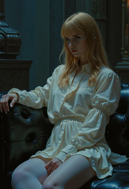 in the style of cksc, Frank Frazetta
dark fantasy aesthetic. , digital artwork of a futuristic, natural colors, , epic.  luminescence, ultra realistic, hyper detailed, soft lighting ,  epic scale.
(detailed digital painting, detailed oil painting).
Close view, three-quarter portrait. Black leather sofa. A woman is sitting. White blouse, White skirt, high thin stockings, fully clothed, blouse under the neck. Blonde hair. Feminine figure, wide hips. He's looking at us... swfx swfx .. . 
mythp0rt, nigiex. wost0y4
.. mythp0rt, 
The background is  gradient of shadowy blue tones, amplifying the ethereal and futuristic ambiance of the scene. The overall composition feels cinematic, blending high fashion with a science fiction aesthetic. . Exquisite cyberpunk. retroFuturism.