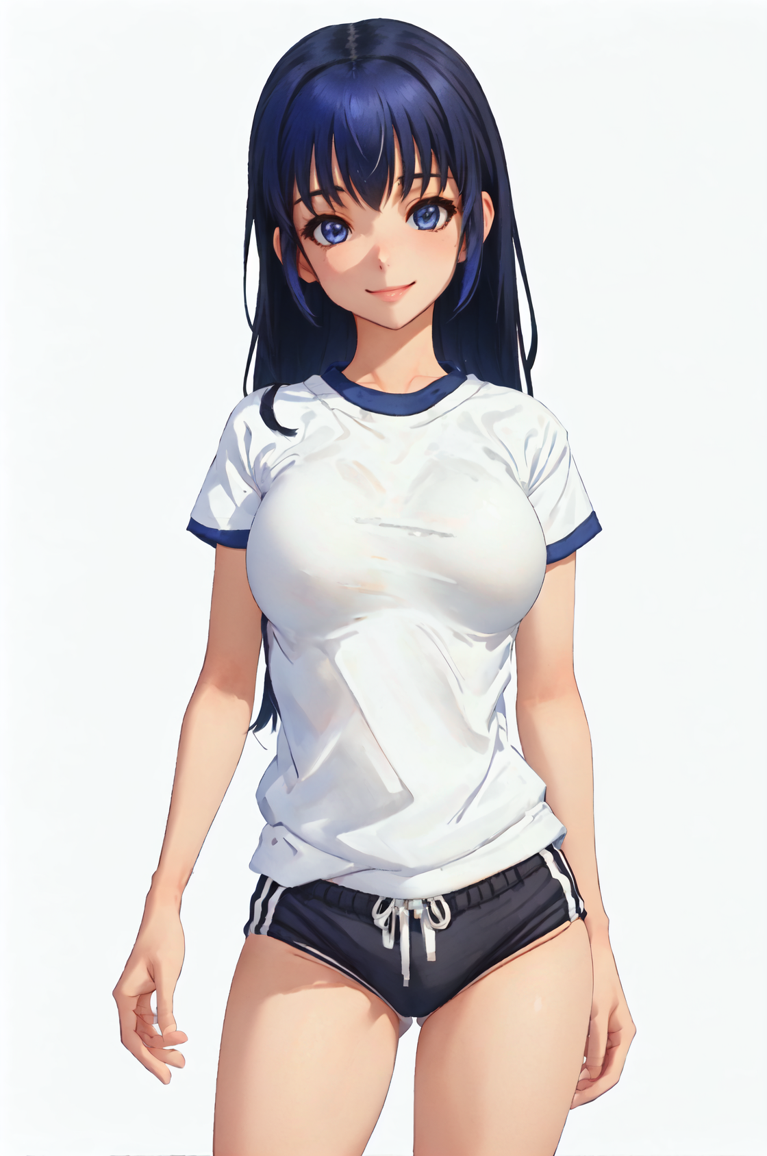 arinPangya, blue hair, blue eyes, long hair, bangs, large breasts, lips,
startSet, gym uniform, white shirt, black buruma, ankle socks, sandals,
standing, 
1girl, solo, smile,
upper body,
looking at viewer,
((white background)),
<lora:arinPangyaV1.7:0.85>