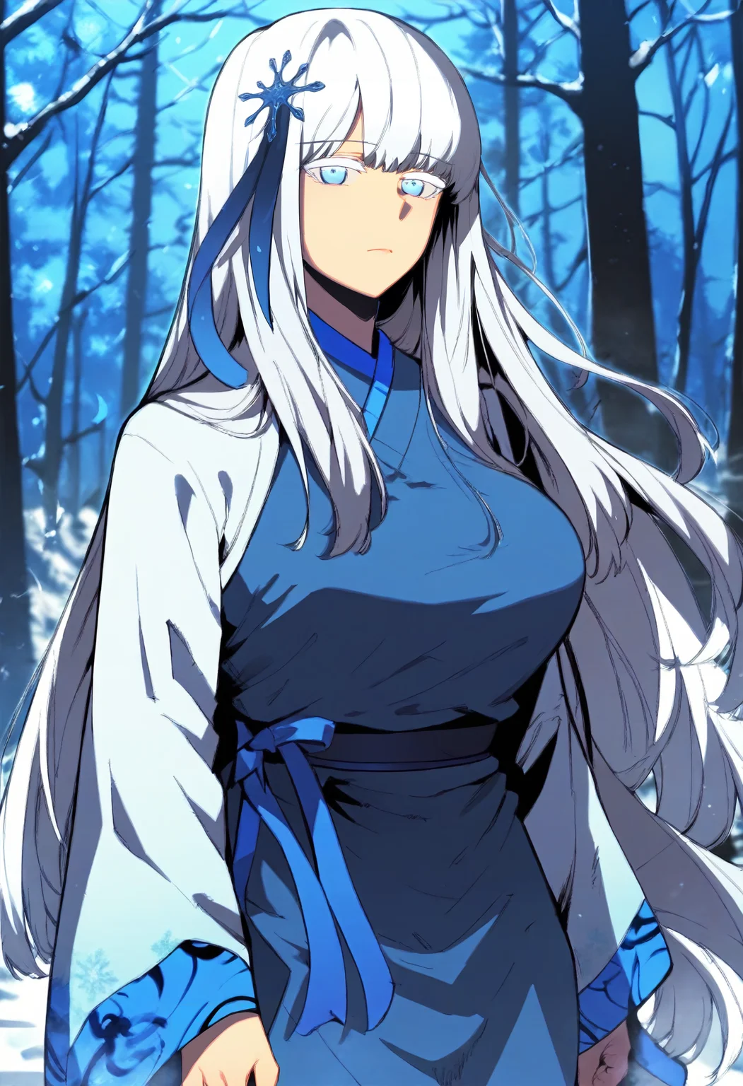 score_9, score_8_up, score_7_up, score_6_up, source_anime, rating_explicit, 1girl, solo, huge breasts, <lora:Syris Endorma prefectPonyxl:0.9> long hair, white hair, blue eyes, snowflake hair ornament, colored eyelashes, hair ribbon, blue ribbon, sidelocks, white robe, japanese clothes, (blue kimono:1.1), long sleeves, wide sleeves, expressionless, forest, outdoors, looking at viewer