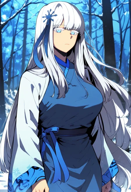 score_9, score_8_up, score_7_up, score_6_up, source_anime, rating_explicit, 1girl, solo, huge breasts, <lora:Syris Endorma prefectPonyxl:0.9> long hair, white hair, blue eyes, snowflake hair ornament, colored eyelashes, hair ribbon, blue ribbon, sidelocks, white robe, japanese clothes, (blue kimono:1.1), long sleeves, wide sleeves, expressionless, forest, outdoors, looking at viewer