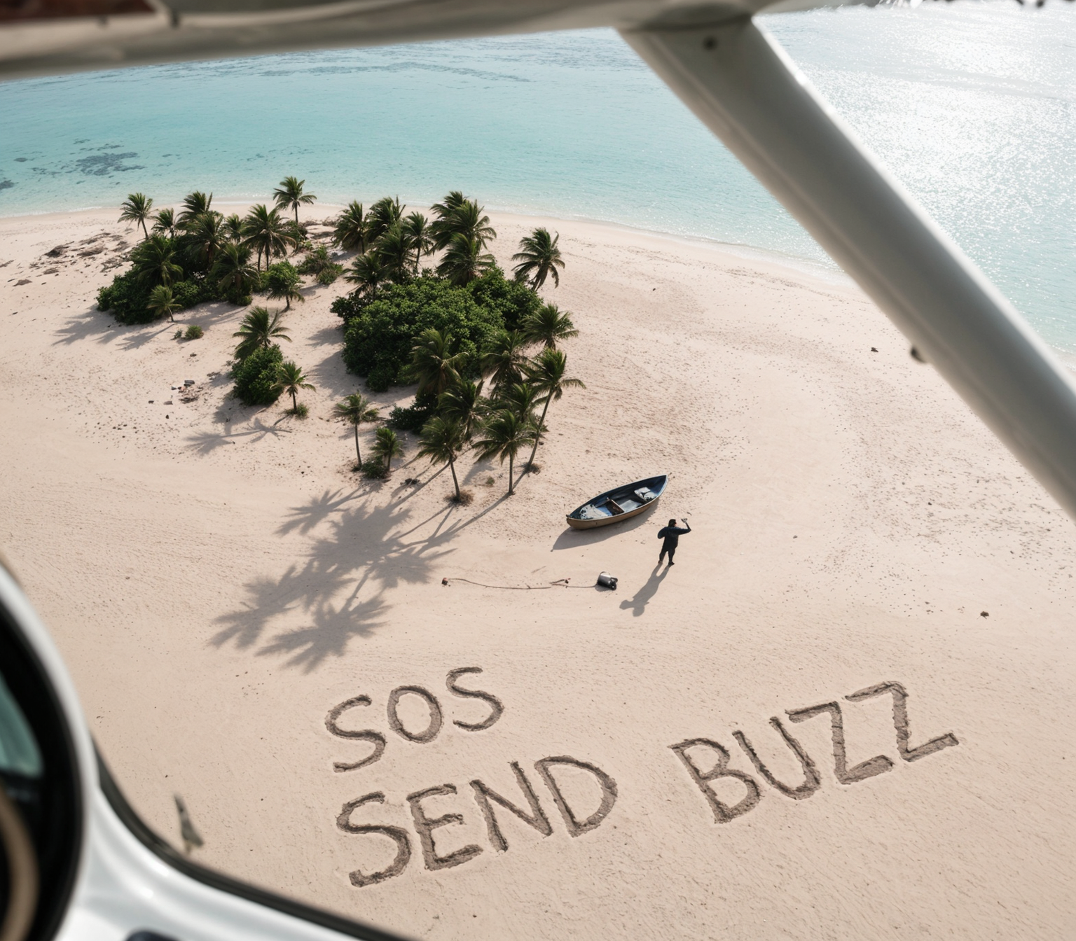 in a small Cessna airplane looking down on a deserted island when you see something strange on the beach. the crudely carved words "SOS SEND BUZZ" had been darkly carved into the sand. a man is on the beach waving his arms. there is a small shipwrecked boat on the beach.

the frame of the airplane window and the wing are visible. there is a large clump of palm trees on the beach.