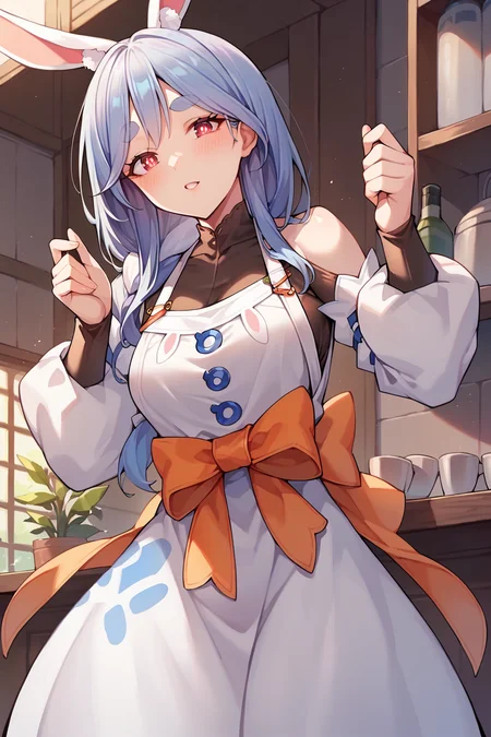 score_9, score_8_up, score_7_up, uncensored, source_anime, 1girl, mature female, <lora:sppekomamadefXLPony:1> pekomamadef, thick eyebrows, bunny-shaped pupils, rabbit ears, animal ear fluff, apron, dress, detached sleeves, bow
