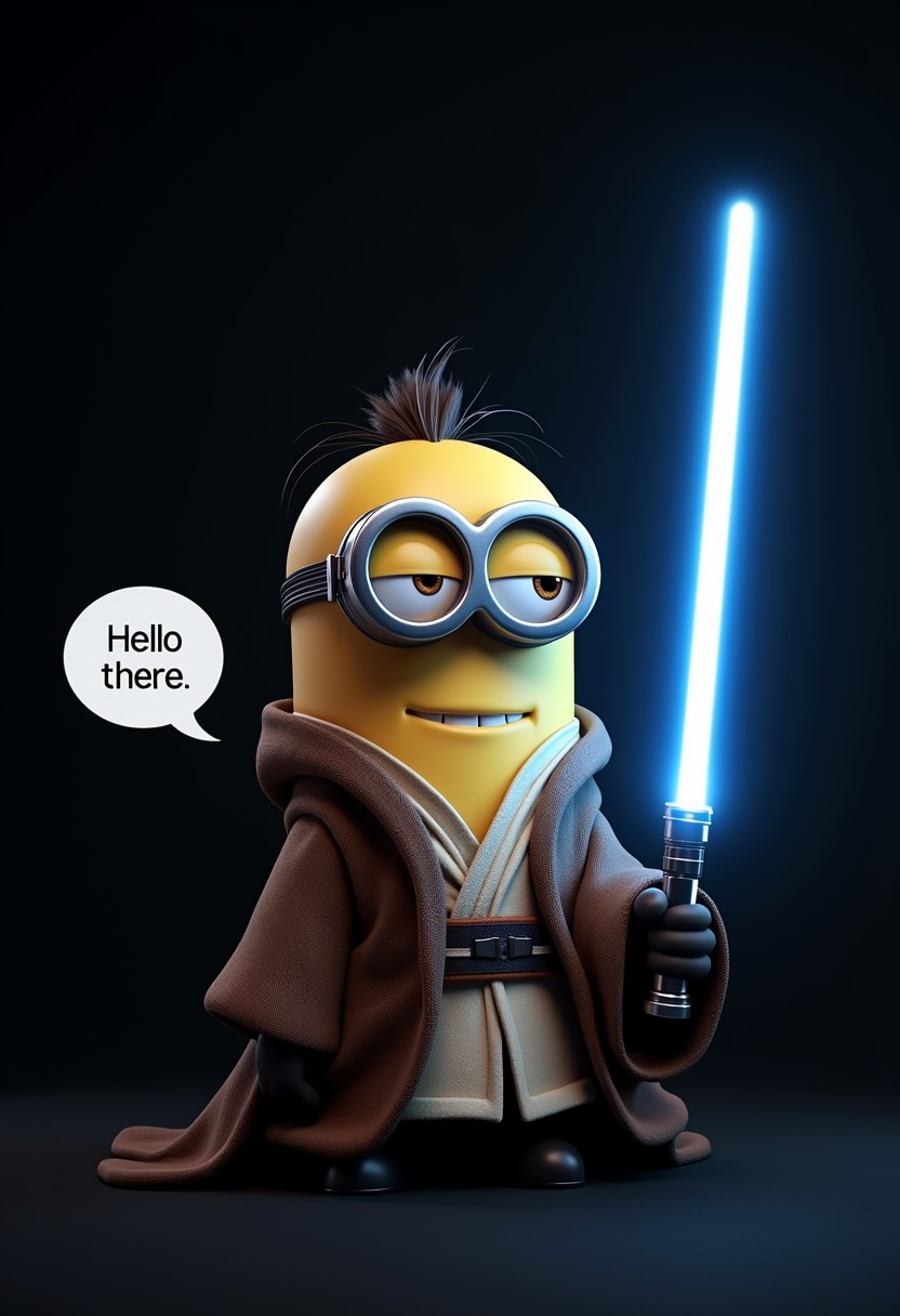 A minion from despicable me, Jedi robe, hair like young Obi-Wan Kenobi, holding a blue lightsaber, toothless smile, looking at viewer, a speech bubble coming out of minion saying "Hello there" pitch black background only illuminated by lightsaber, perfect lightsaber,
Highest quality, masterpiece, 4k, concept art,
