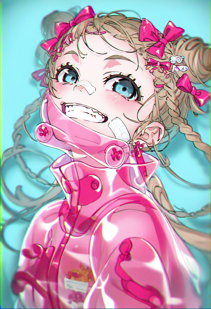 1girl, solo, bandaid, bandaid on face, double bun, looking at viewer, blue eyes, chromatic aberration, smile, hair ornament, teeth, braid, hair bun, grin, long hair, bow, upper body, bandaid on nose, hair bow, blurry, earrings, blush <lora:yoneyamaiXL_NBVP1_lokr_V6311PZ:0.95>