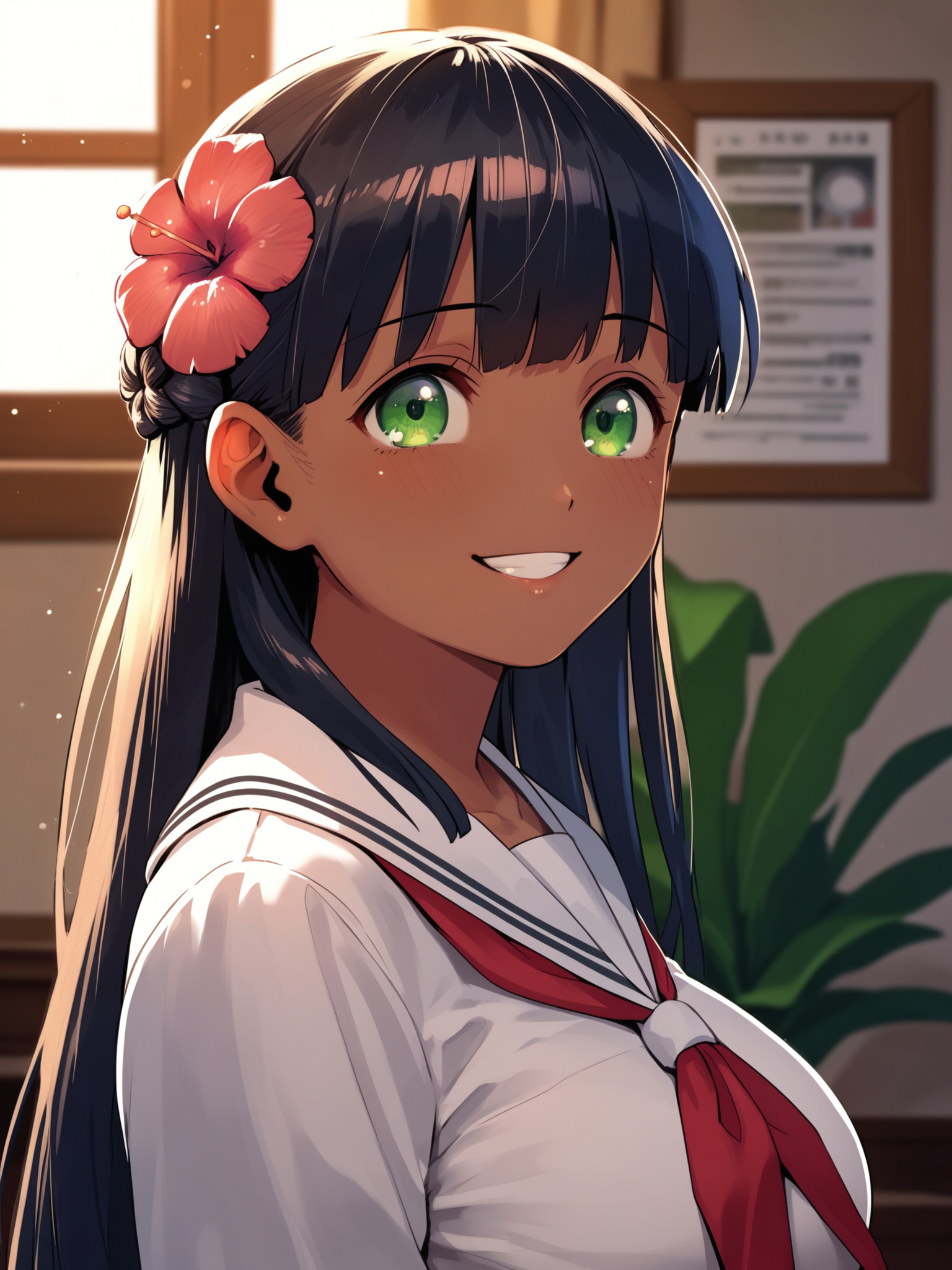 <lora:happy_tentacle-ranee-v0.4-000028:0.9>, ht_ranee, dark-skinned female, hair flower, black hair, green eyes, large breasts, school uniform, indoors , 1girl, solo, portrait , jitome , ( smile :1.2), , looking up , , from side , score_9, score_8_up, score_7_up, score_6_up, score_5_up, score_4_up