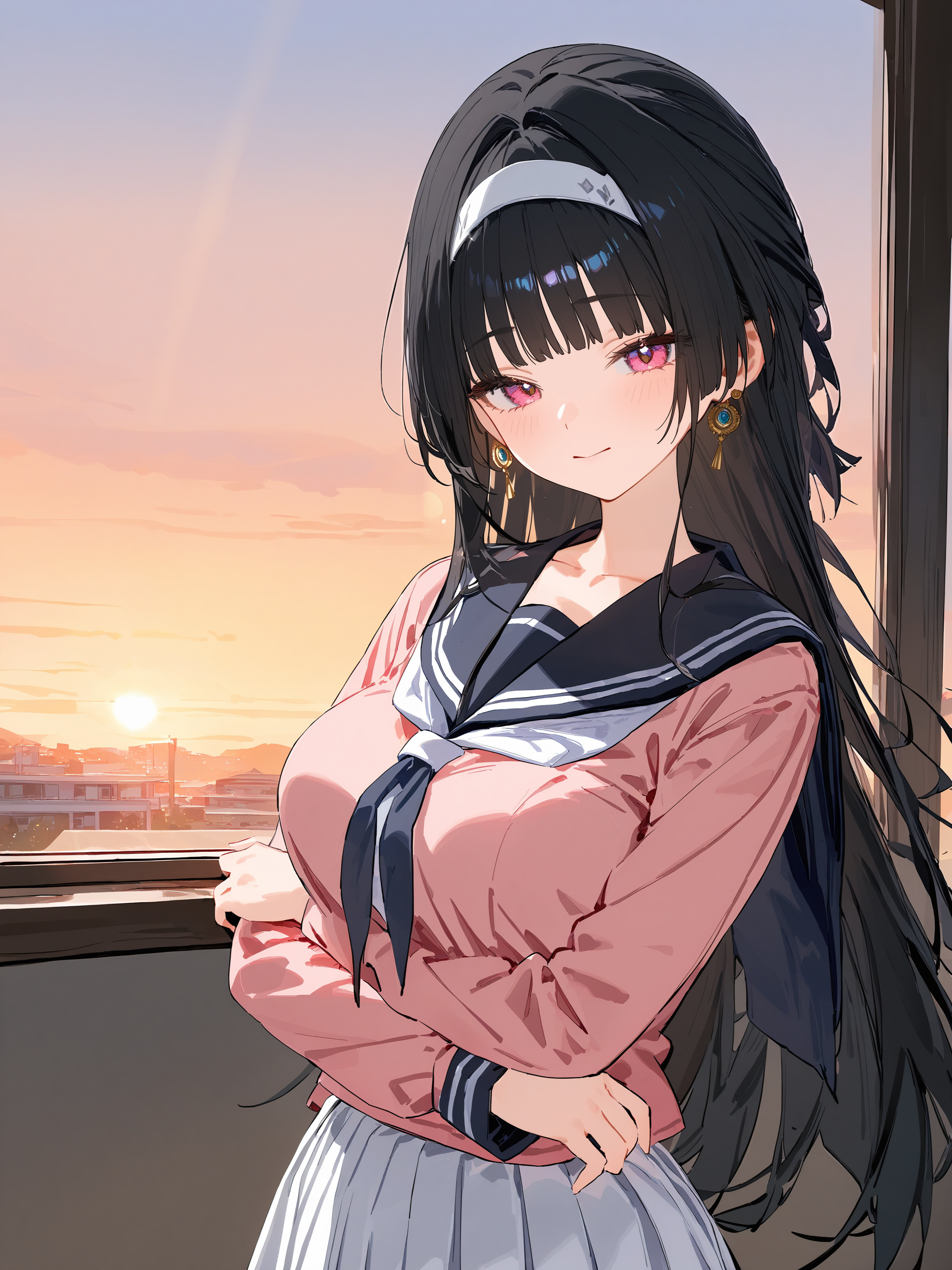 illustration, incredibly absurdres, ultra detailed, masterpiece, best quality, perfect features, intricate details, ray tracing, very aesthetic, shuri \(84k\), ATDAN, chen bin, (ningen mame:0.95), (wlop:0.91), (sarcophage:1.05), (tsubasa tsubasa:1.05), modare, hiten \(hitenkei\), <lora:XL-detailed_notrigger:0.3:hr=0.9>, <lora:XL-aesthetic_anime:0.7:hr=0.3>, <lora:Char-ZZZ-Astra-V1-SDXL:0.9>,  1girl, solo, astra yao, white hairband, solo, school uniform, serafuku, cowboy shot, sunbeam, sunset, classroom, indoors, window, light smile, blush, looking at viewer, facing viewer