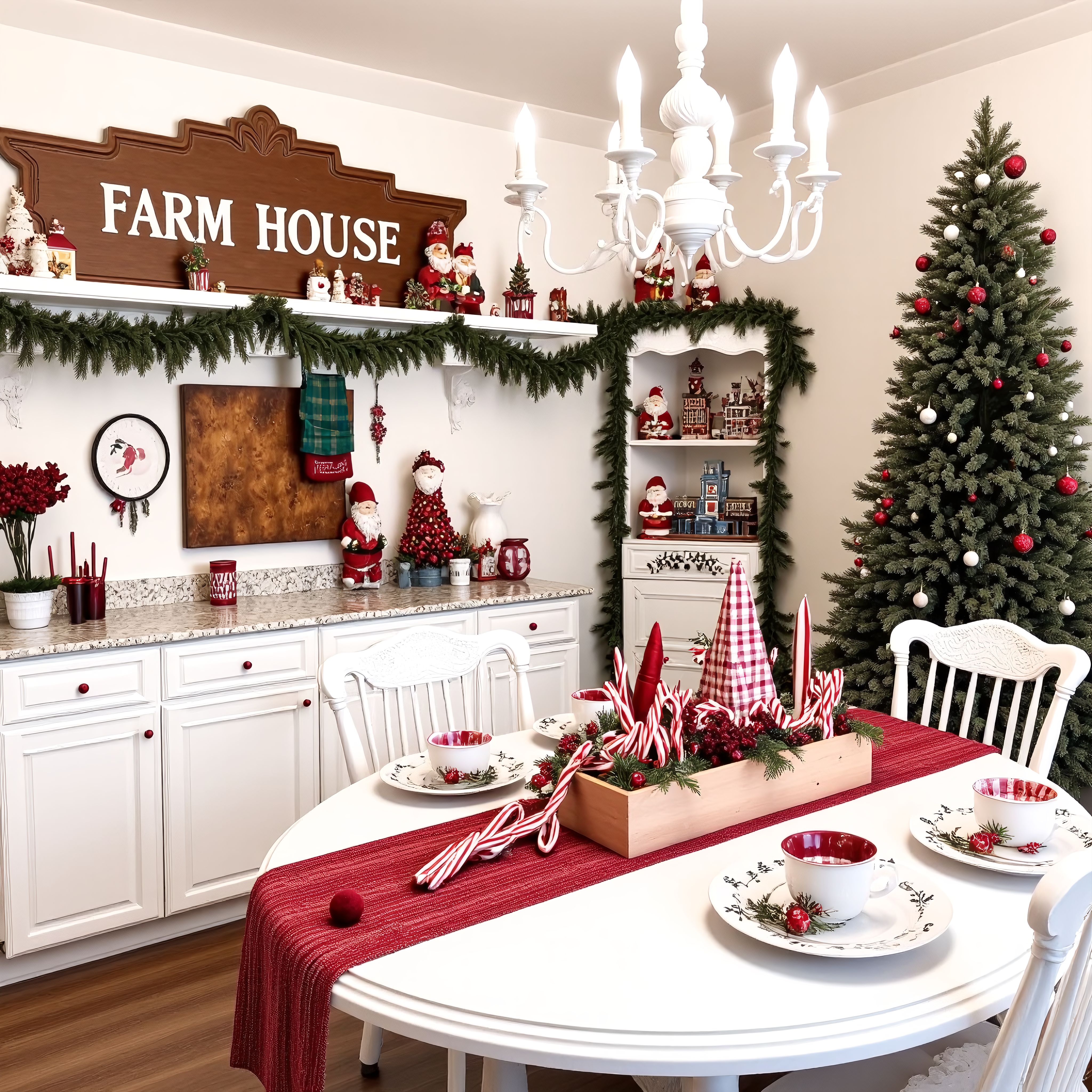 A cozy, vintage-inspired Christmas kitchen and dining area. A white farmhouse-style kitchen with distressed white cabinets, granite countertops, and a round white dining table. The scene is beautifully decorated for the holidays with Christmas figurines, garland, candy canes, and decorative trees, in red, white, and muted greens. The color palette is primarily white, red, and hints of gold and green, creating a warm and festive atmosphere. Impressionistic style, with focus on details and soft lighting that highlights the vintage charm. Elements include: a rustic wooden sign that says "FARM HOUSE"; a white chandelier; multiple shelves adorned with Christmas decorations, including Santa Clauses, vintage-style figurines; garland of greenery; a decorated, vintage-style china cabinet or hutch brimming with more christmas decorations;  a decorated dining table with a red and white striped tablecloth, plates and mugs with Christmas patterns, and a candy cane centerpiece in a wooden box. A Christmas tree is also present in the corner. The lighting should be soft and warm, casting a gentle glow over the whole scene. Sharp focus on the food and decorations on the dining table. The overall style is reminiscent of a nostalgic, charming Christmas past.