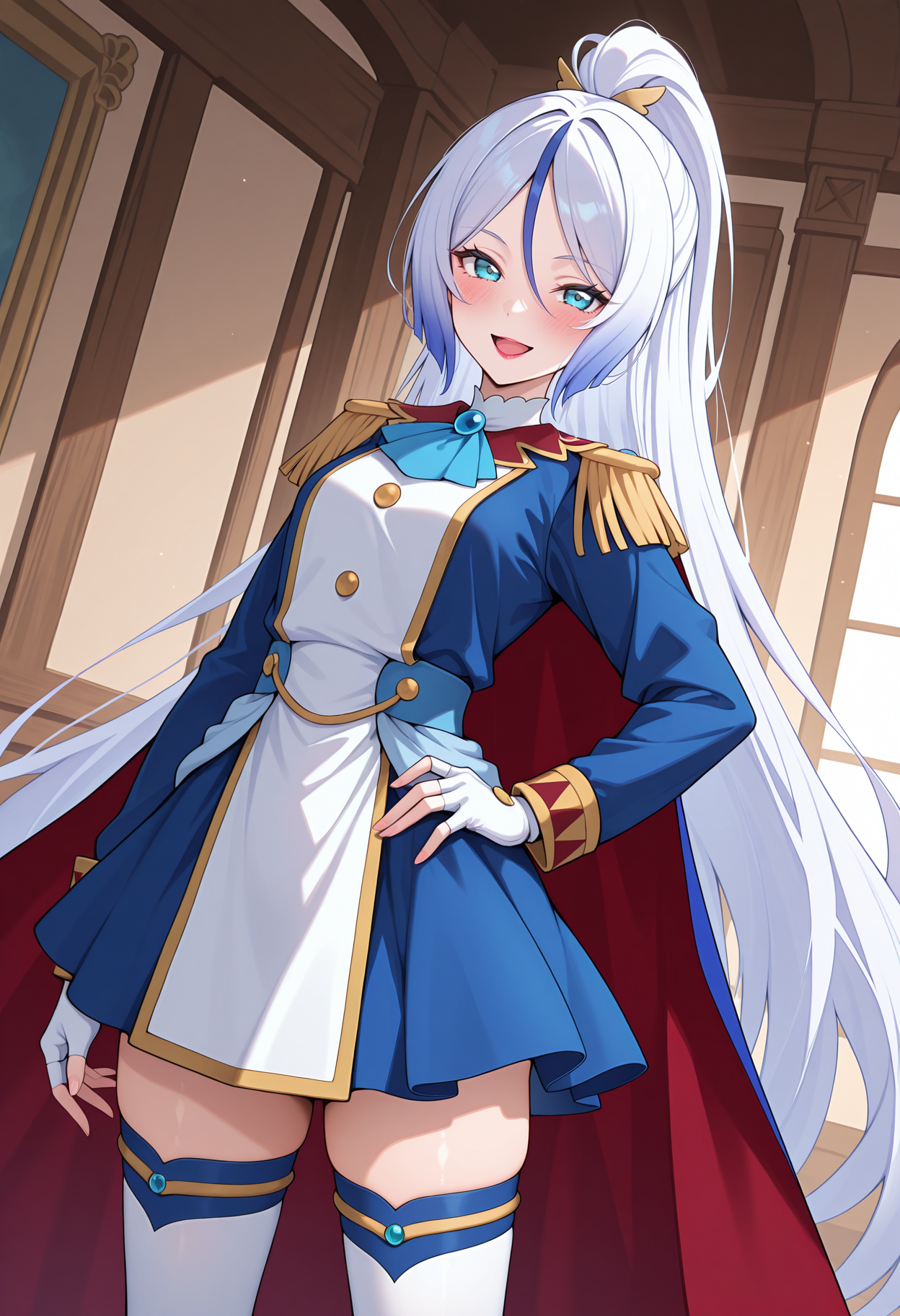 highres, best quality, masterpiece,
1girl, solo, blush,
 indoors, purishla, white hair, very long hair, streaked hair, blue hair, ponytail, aqua eyes, lipstick, shladef, two-sided cape, uniform, blue dress, blue ascot, white tabard, epaulettes, long sleeves, white gloves, fingerless gloves, aiguilette, thighhighs, white thighhighs, dutch angle, standing, hand on own hip, smile, open mouth, looking at viewer, <lora:_captain_shalala-elesico-ilxl-000014:1>