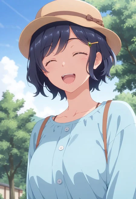 masterpiece,best quality,amazing quality, utou chiharu, short hair, dark blue hair, 1girl, solo, closed eyes, hat, outdoors, hair ornament, hairclip, smile, open mouth, sky, tree, day, upper body