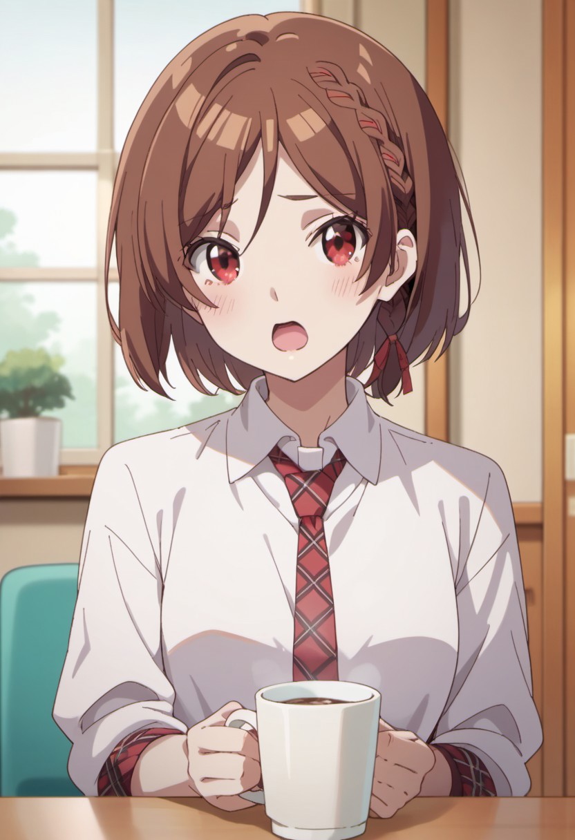 score_9, score_8_up, score_7_up, source_anime, sakuramori akane, short hair, brown hair, red eyes, 1girl, solo, necktie, indoors, cup, braid, shirt, holding, open mouth, looking at viewer, white shirt, collared shirt, blush, school uniform