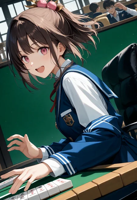 score_9, score_8_up, score_7_up , source_anime, masterpiece, best quality, perfect anatomy , very aesthetic , absurdres ,
1girl, school uniform, medium breasts, solo,<lora:mahjong_Pony_v1:0.9>
mahjong, mahjong tile, mahjong table, board game, playing games,holding mahjong tile,indoors, sitting, chair,
dutch angle, fisheye lens, looking back,brown hair, pink eyes,open mouth, short ponytail hair, happy