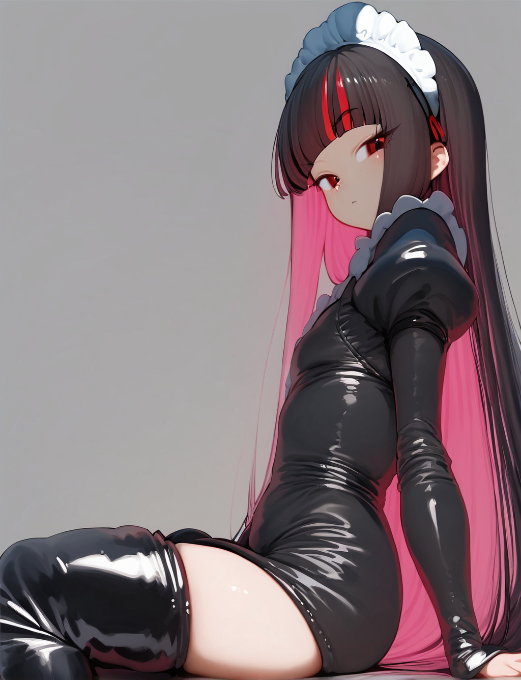 score_9, score_8_up. score_7_up, <lora:katait-step00001500:1> katait,
1girl, solo, red eyes, multicolored hair, black hair, thighhighs, long hair, maid headdress, sitting, dress, white background, looking at viewer, juliet sleeves, black dress, black thighhighs, breasts, red hair, puffy sleeves, long sleeves, simple background, two-tone hair, small breasts, skindentation, closed mouth, colored inner hair, blunt bangs, thigh boots, black footwear, latex, from side, thighs, pink hair, shiny clothes, very long hair, boots, zettai ryouiki, maid
