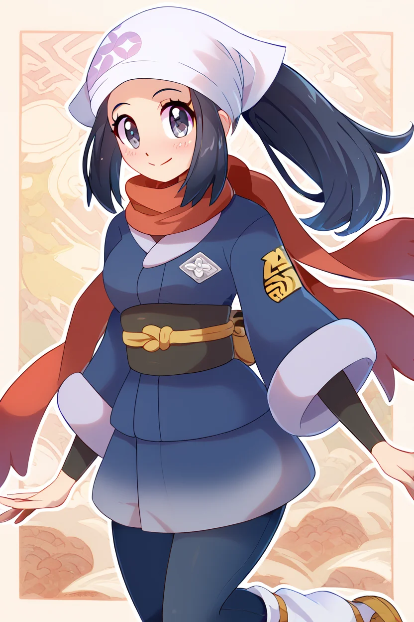 score_9, score_8_up, score_8, medium breasts, (curvy), cute, eyelashes,       BREAK, , ,,, zzAkari, grey eyes, eyelashes, black hair, long hair, white headwear, sidelocks, ponytail,  black pantyhose, black undershirt, jacket, loose socks, pantyhose, red scarf, sash, <lora:Akari_Pokemon_PDXL:1.0>,    ,,,, BREAK, smile, closed mouth, looking at viewer, cowboy shot, ,,, embedding:zPDXL, Expressiveh, ,,, <lora:Konpeto_PDXL_v3:1.0>, <lora:SDXLFaeTastic2400:0.5>, <lora:Expressive_H-000001:0.4>,