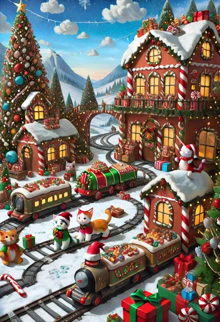 CHRC4ND7, cute cat<lora:Christmas_Candy:1>, On the grownd in the livingroom [train station, bridge, window, science fiction, traditional media, motor vehicle, day, vehicle focus, road, gift, railway, christmas, food, cloud, box, cake, fireplace, plant, weapon, snow]