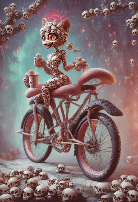 score_9, score_8_up, score_7_up, score_6_up, score_5_up, score_4_up, A playful, anthropomorphic coffee cup made with skulls with big eyes and a grin, riding a bicycle on a path lined with donuts, illustration in the style of BRSH